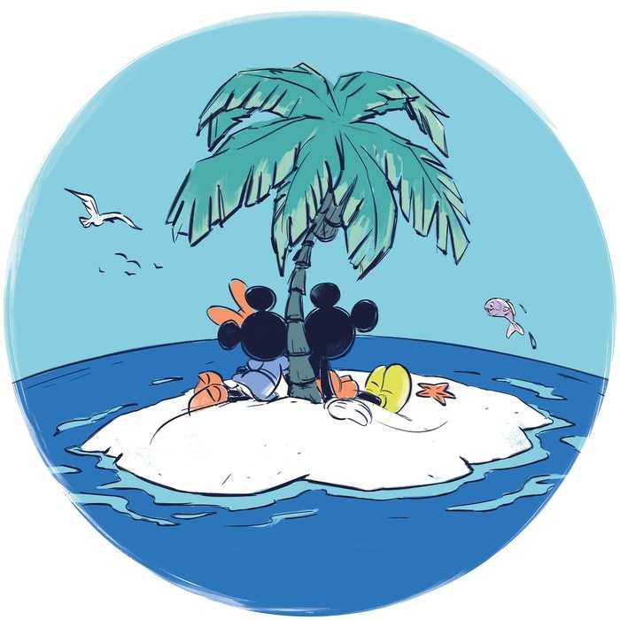 Selbstklebende runde Fototapete auf Vlies Mickey and Minnie Beach Vacation